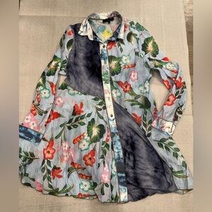 [XL/PTP22”]Funsport Floral Button Hip Shirt Blue Mixed Fabric Multicoloured